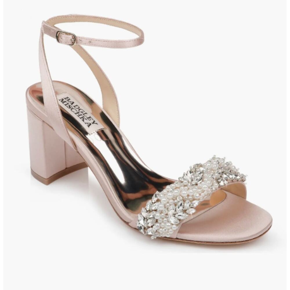 Badgley Mischka Collection Blush Satin Clara Embellished Sandal Women's Size 6.5